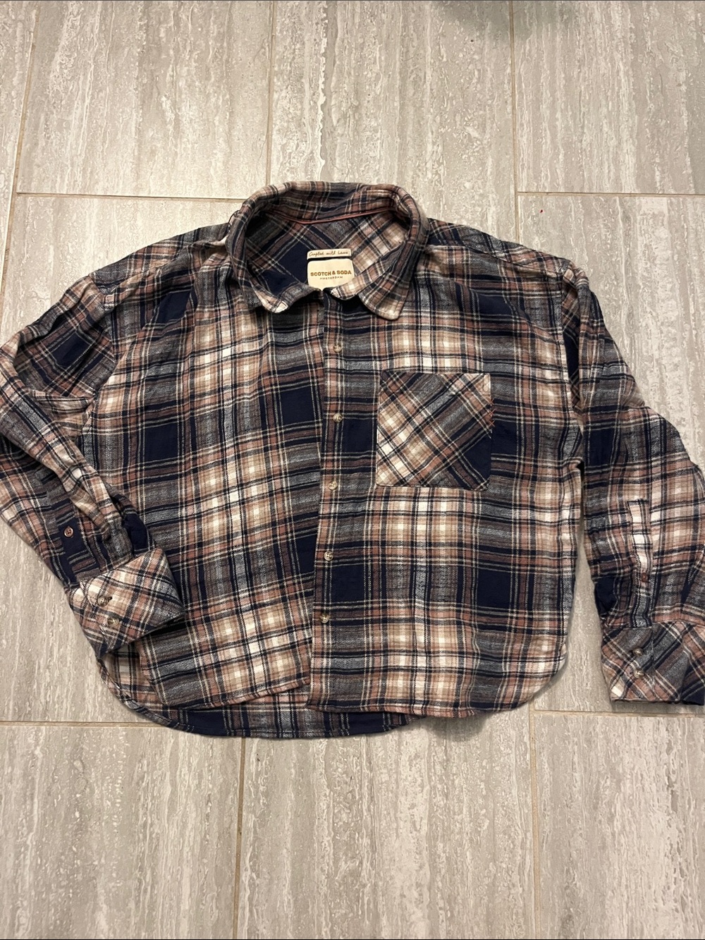 Scotch & Soda Navy, Brown and Cream Plaid Button-Down Shirt